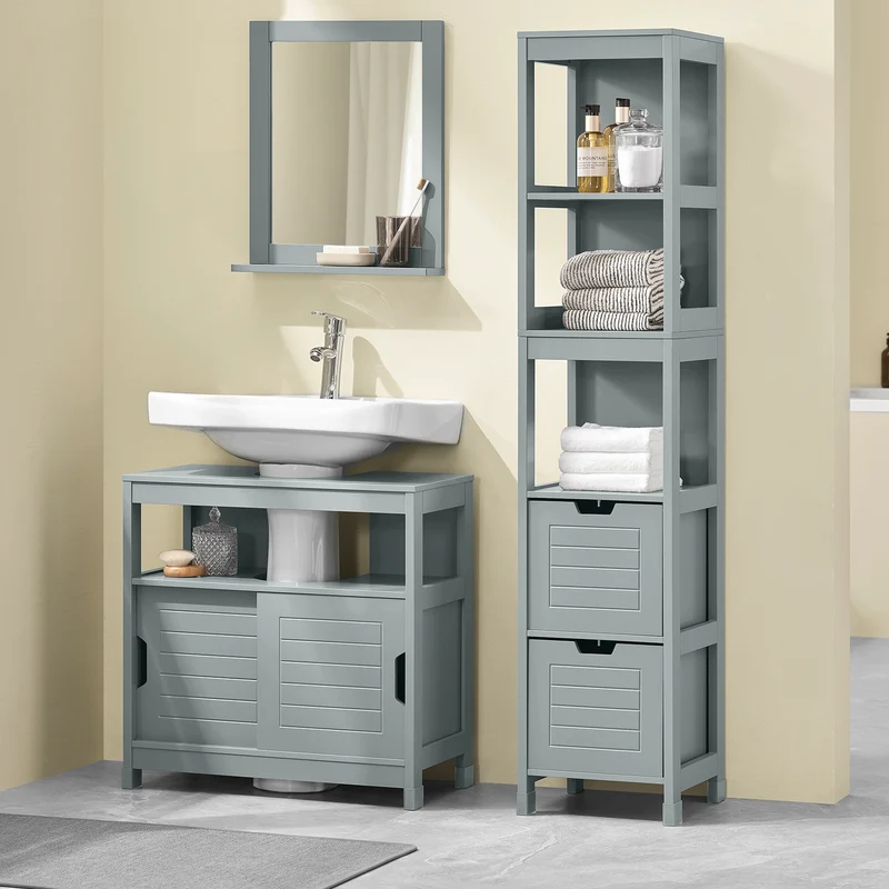 SoBuy FRG126-SG Colonne Salle de Bain avec 4 Étagères et 2 Tiroirs, Gain de Place, pour Salle de Bain et WC, Usage Quotidien – L30×P30×H140 cm, Bois, Gris Clair