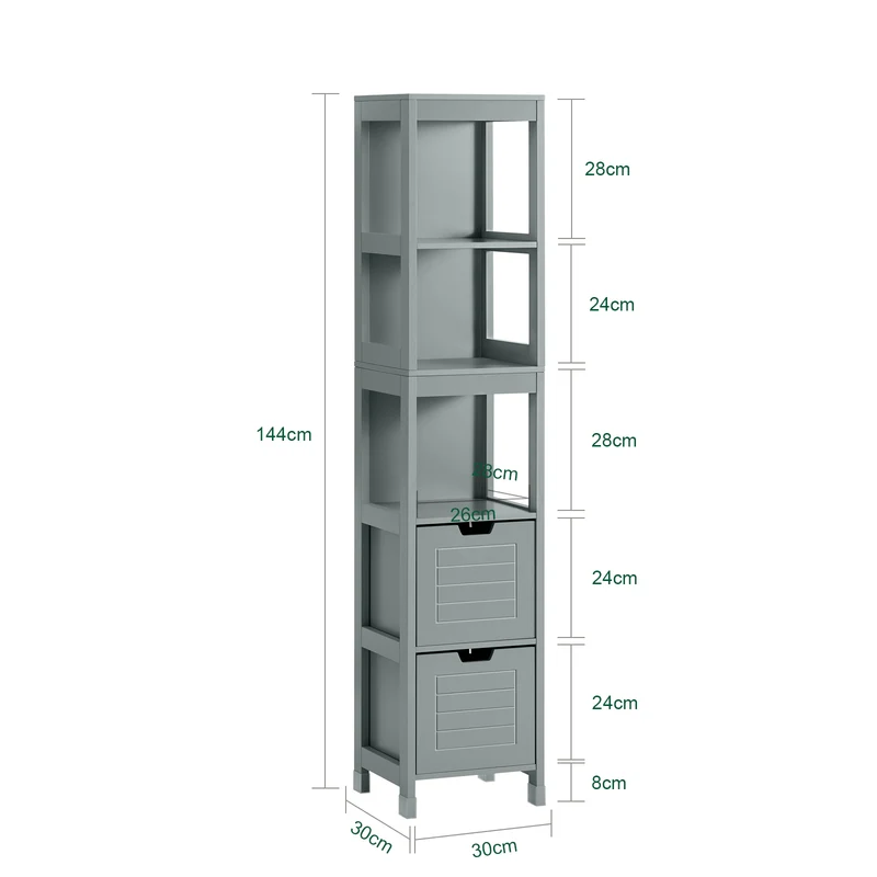 SoBuy FRG126-SG Colonne Salle de Bain avec 4 Étagères et 2 Tiroirs, Gain de Place, pour Salle de Bain et WC, Usage Quotidien – L30×P30×H140 cm, Bois, Gris Clair