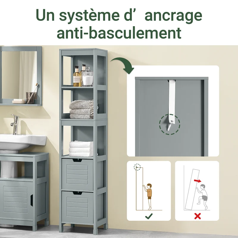 SoBuy FRG126-SG Colonne Salle de Bain avec 4 Étagères et 2 Tiroirs, Gain de Place, pour Salle de Bain et WC, Usage Quotidien – L30×P30×H140 cm, Bois, Gris Clair