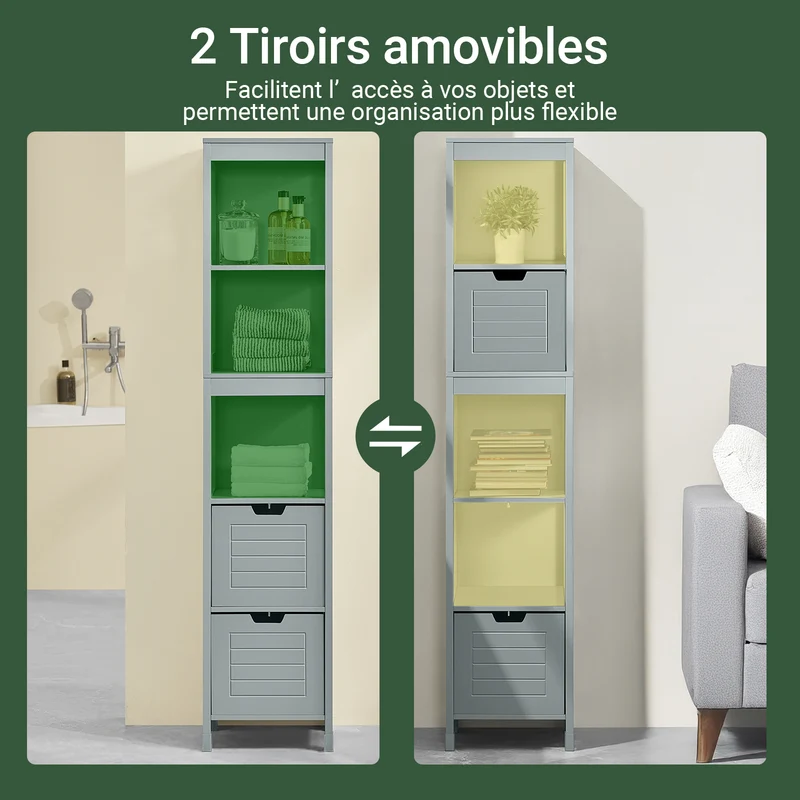 SoBuy FRG126-SG Colonne Salle de Bain avec 4 Étagères et 2 Tiroirs, Gain de Place, pour Salle de Bain et WC, Usage Quotidien – L30×P30×H140 cm, Bois, Gris Clair