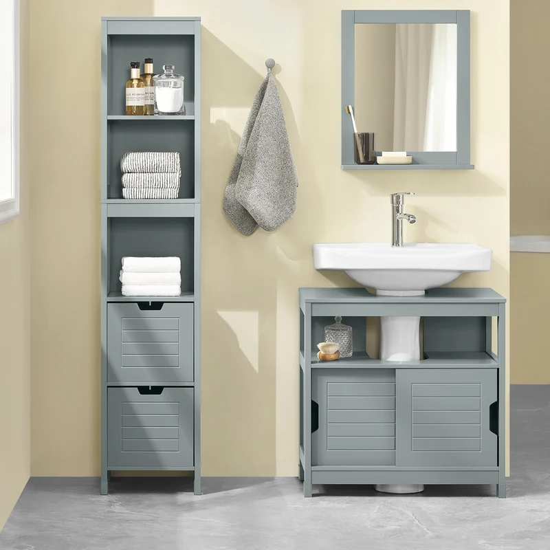 SoBuy FRG126-SG Colonne Salle de Bain avec 4 Étagères et 2 Tiroirs, Gain de Place, pour Salle de Bain et WC, Usage Quotidien – L30×P30×H140 cm, Bois, Gris Clair