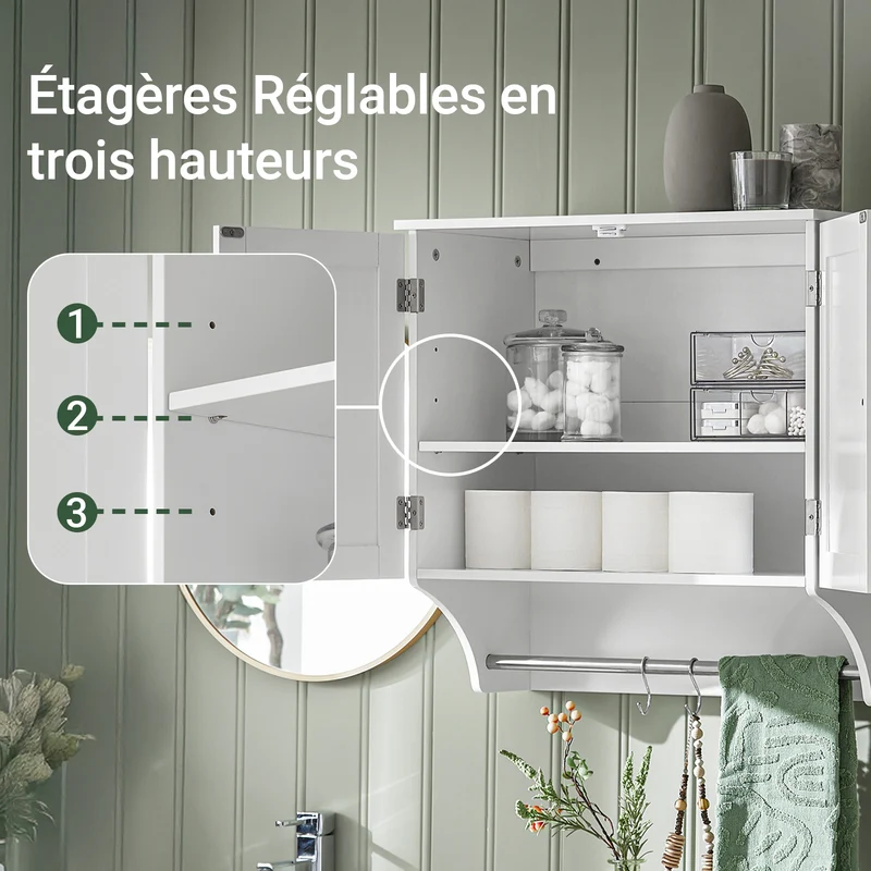 SoBuy BZR84-W Armoire Murale de Salle de Bain – 60×30×60 cm, Étagères Réglables et Barre à Serviettes, Blanc