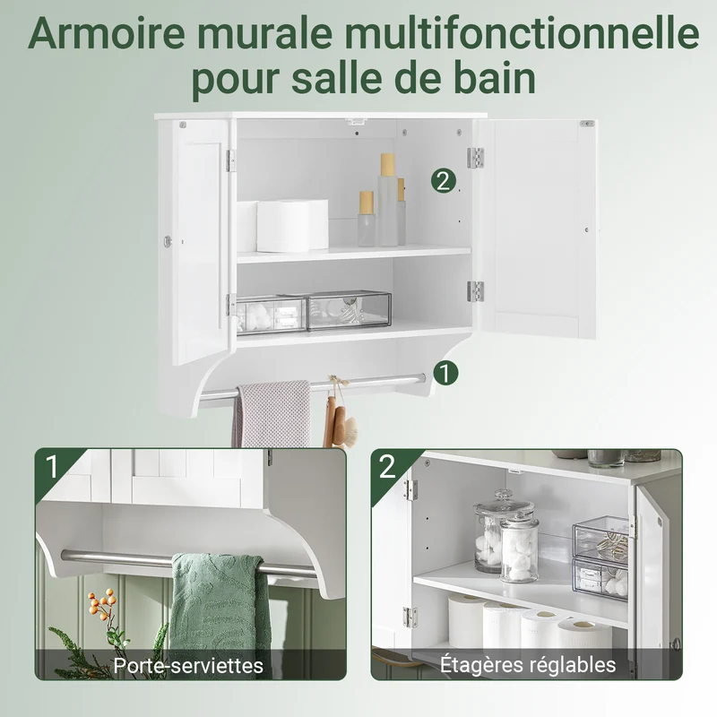 SoBuy BZR84-W Armoire Murale de Salle de Bain – 60×30×60 cm, Étagères Réglables et Barre à Serviettes, Blanc