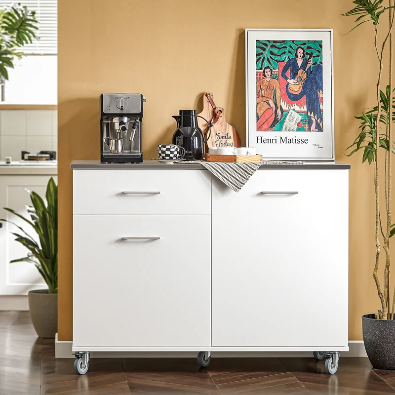 SoBuy FKW117-W Desserte Cuisine avec Roulettes et 1 Tiroir, Mobile, pour Cuisine et Salle à Manger, Rangement Optimisé – L120×P56×H90 cm, Bois + Inox, Blanc