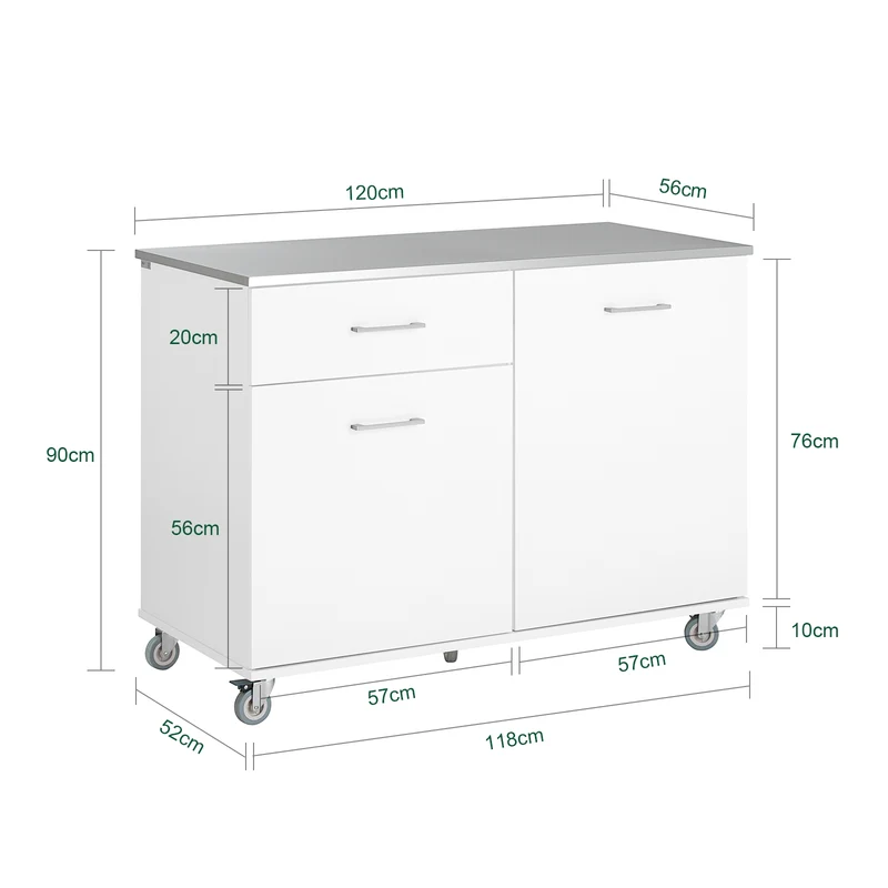 SoBuy FKW117-W Desserte Cuisine avec Roulettes et 1 Tiroir, Mobile, pour Cuisine et Salle à Manger, Rangement Optimisé – L120×P56×H90 cm, Bois + Inox, Blanc