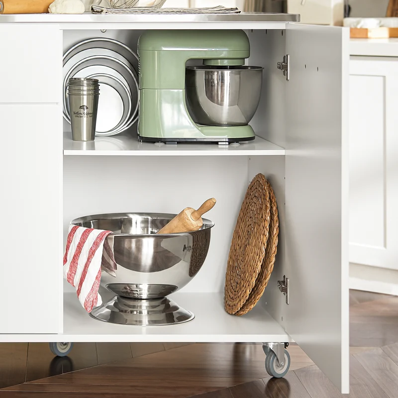 SoBuy FKW117-W Desserte Cuisine avec Roulettes et 1 Tiroir, Mobile, pour Cuisine et Salle à Manger, Rangement Optimisé – L120×P56×H90 cm, Bois + Inox, Blanc