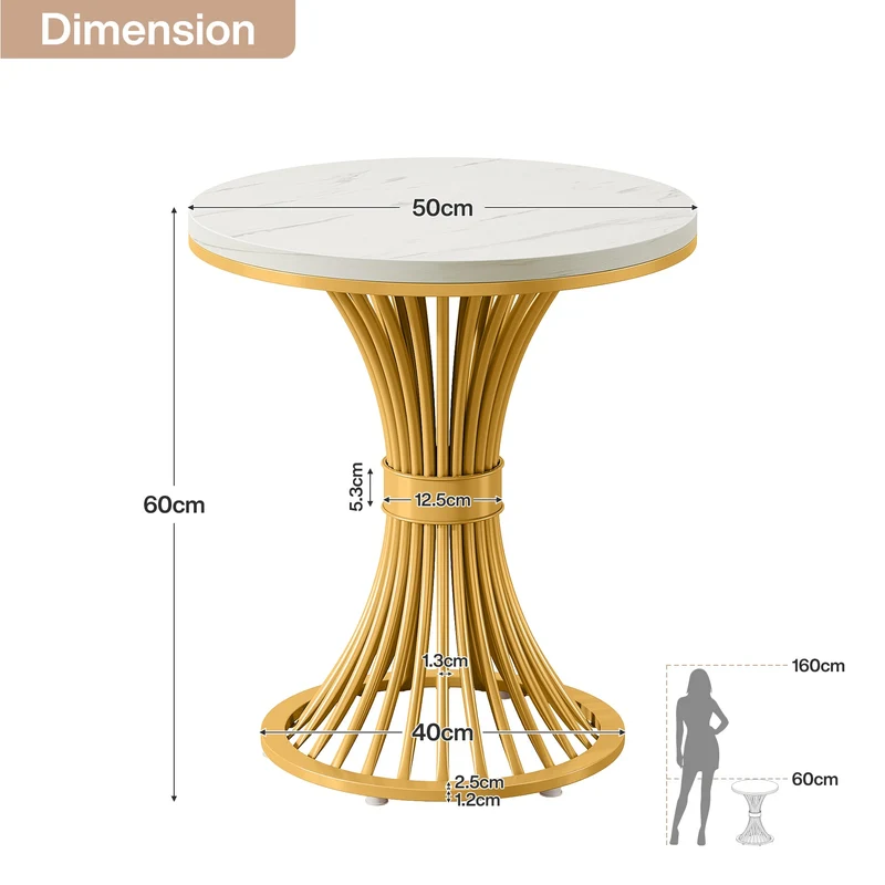 Tribesigns Table d'appoint ronde 51 cm avec plateau effet marbre, Table d'appoint blanche et piètement en métal doré