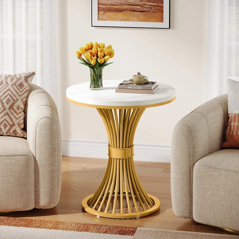 Tribesigns Table d'appoint ronde 51 cm avec plateau effet marbre, Table d'appoint blanche et piètement en métal doré