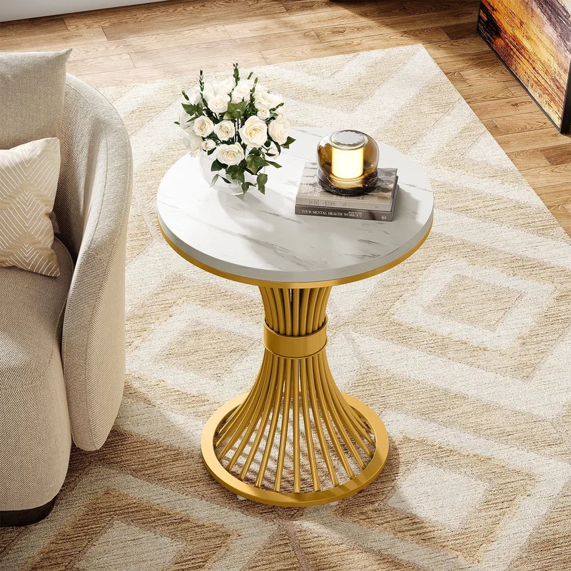 Tribesigns Table d'appoint ronde 51 cm avec plateau effet marbre, Table d'appoint blanche et piètement en métal doré