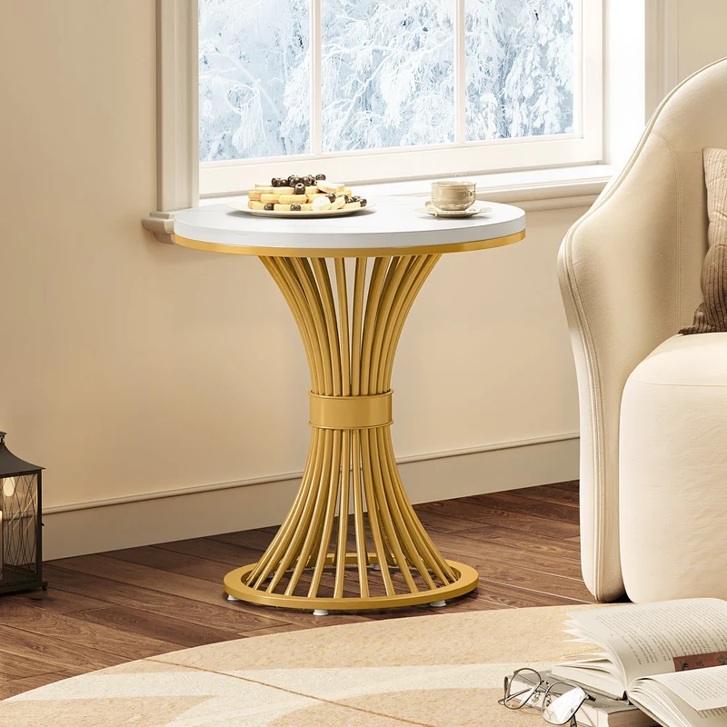 Tribesigns Table d'appoint ronde 51 cm avec plateau effet marbre, Table d'appoint blanche et piètement en métal doré