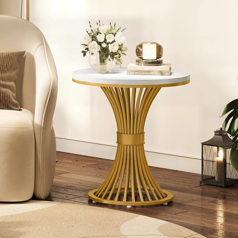 Tribesigns Table d'appoint ronde 51 cm avec plateau effet marbre, Table d'appoint blanche et piètement en métal doré