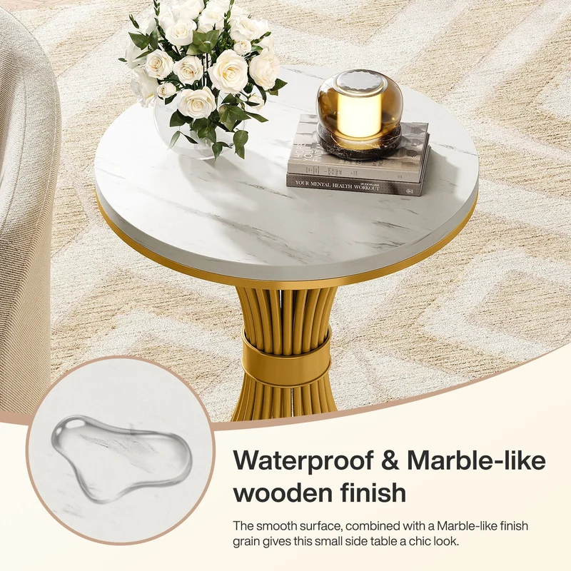 Tribesigns Table d'appoint ronde 51 cm avec plateau effet marbre, Table d'appoint blanche et piètement en métal doré