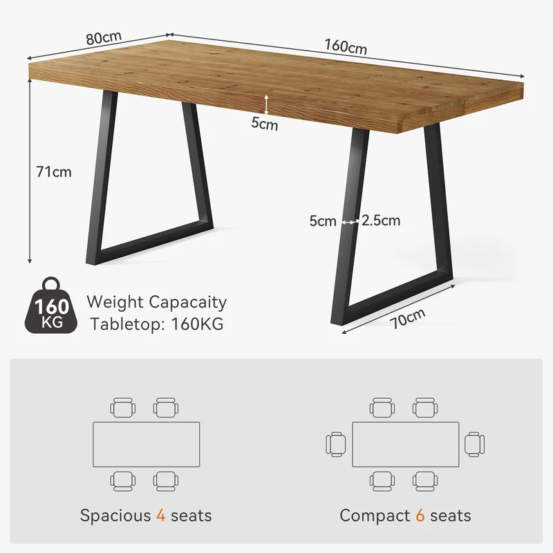 Tribesigns Table de salle à manger industrielle de 160 cm, Rectangulaire en bois massif