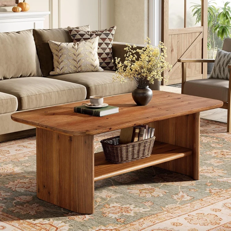 Tribesigns Table basse en bois massif avec espace de rangement, 120 cm de long rectangulaire à 2 niveaux