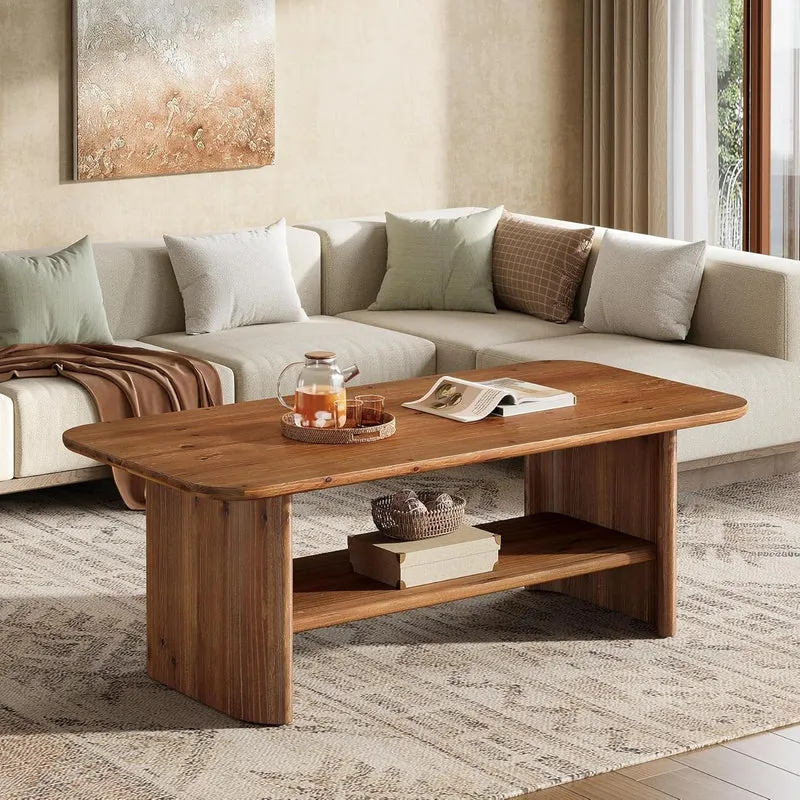Tribesigns Table basse en bois massif avec espace de rangement, 120 cm de long rectangulaire à 2 niveaux