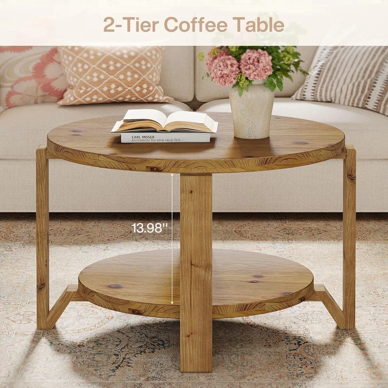 Tribesigns Table basse ronde en bois massif 80 cm 2 niveaux