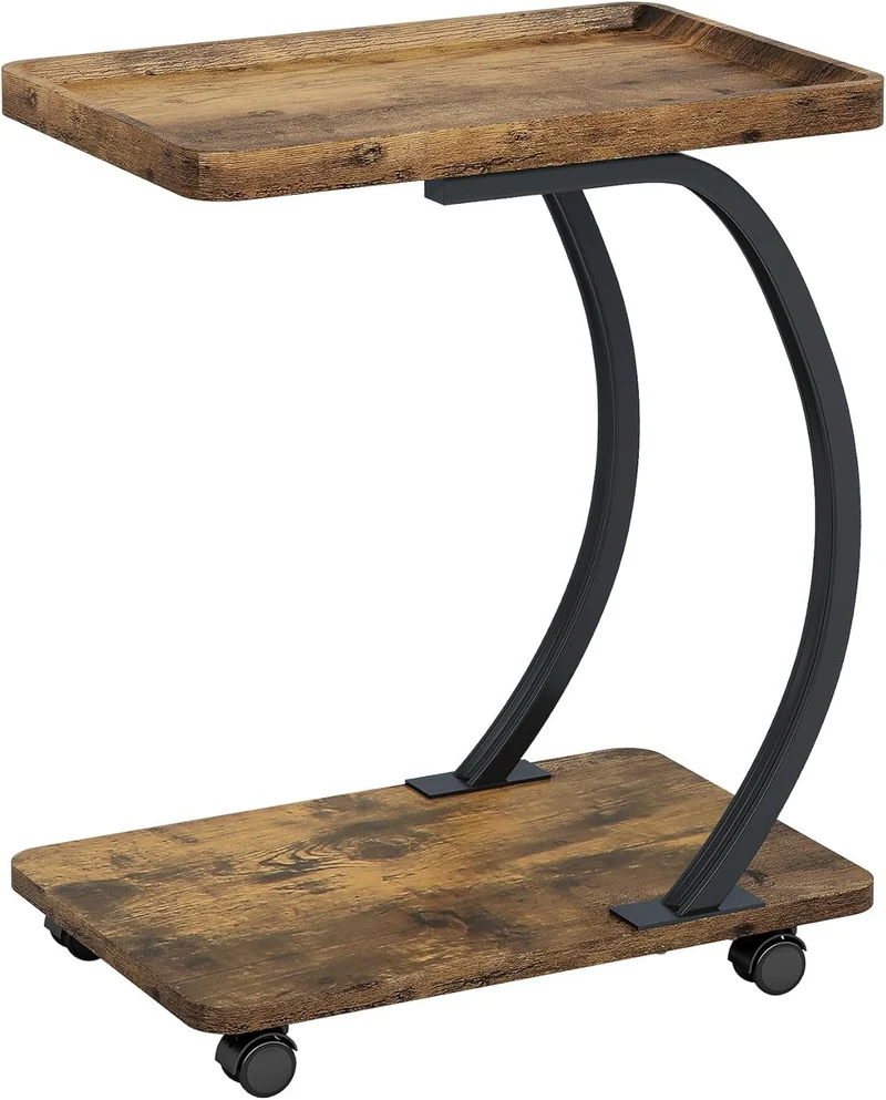 Tribesigns Table d'appoint en forme de C avec roulettes, Petite table basse industrielle à deux niveaux
