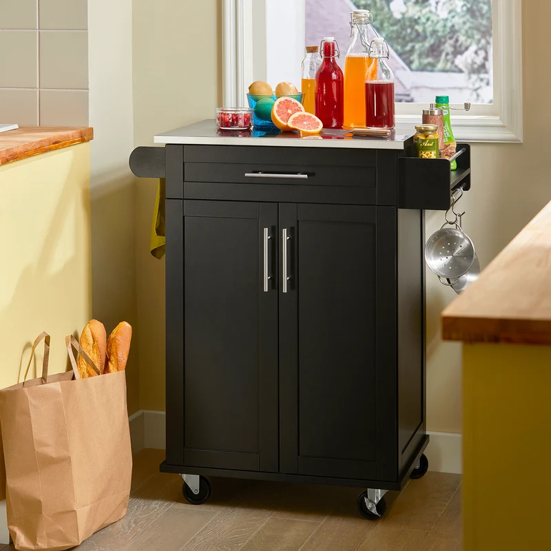 SoBuy FKW110-SCH Desserte de Cuisine à Roulettes – Plan de Travail Inox, Tiroir et Placard, 4 Roulettes dont 2 Freinées, Noir