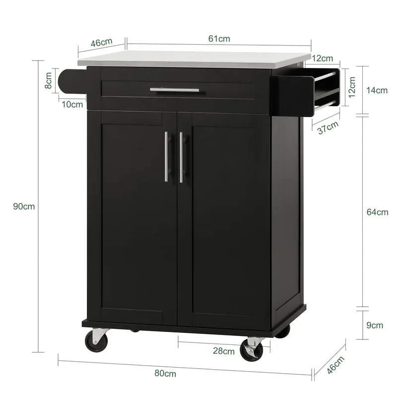 SoBuy FKW110-SCH Desserte de Cuisine à Roulettes – Plan de Travail Inox, Tiroir et Placard, 4 Roulettes dont 2 Freinées, Noir