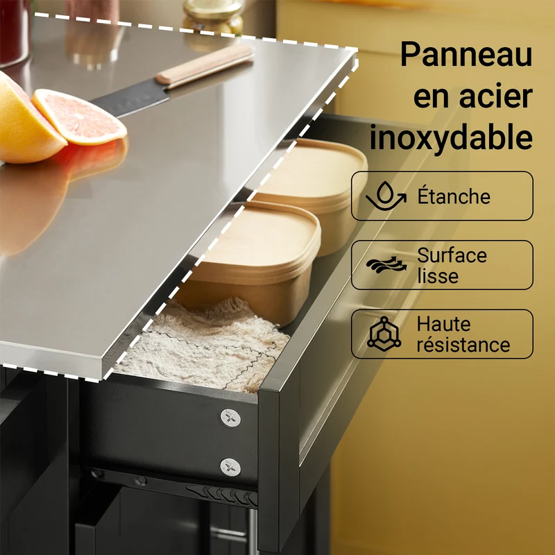SoBuy FKW110-SCH Desserte de Cuisine à Roulettes – Plan de Travail Inox, Tiroir et Placard, 4 Roulettes dont 2 Freinées, Noir