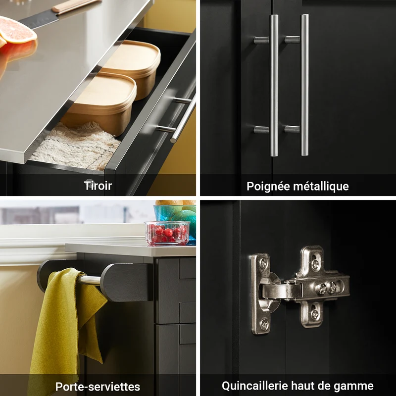 SoBuy FKW110-SCH Desserte de Cuisine à Roulettes – Plan de Travail Inox, Tiroir et Placard, 4 Roulettes dont 2 Freinées, Noir