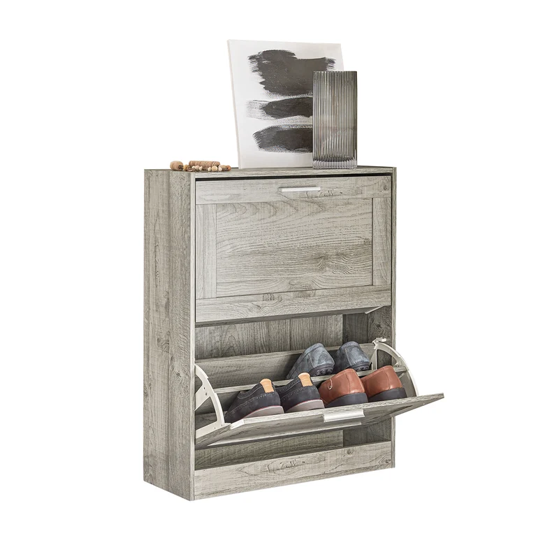 SoBuy FSR137-HG Armoire à Chaussures 2 Abattants Réglables, Slim pour Entrée Couloir – Gris Effet Bois