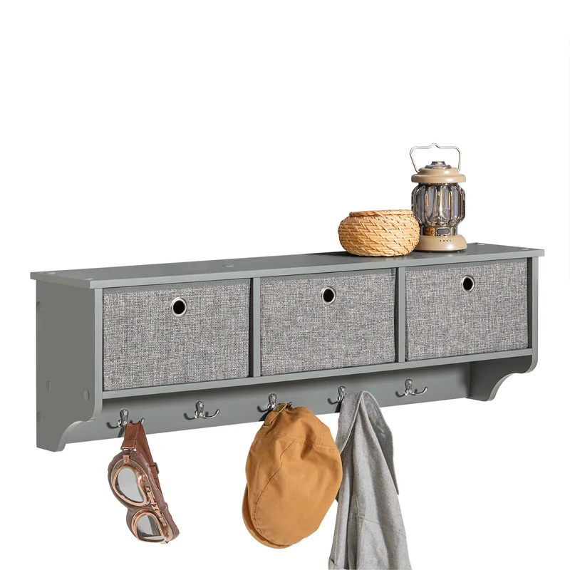 SoBuy FRG282-HG Porte-Manteau Mural avec 5 Crochets et 3 Paniers, pour Entrée et Couloir, Design Fonctionnel, Usage Quotidien – L100×P20×H30 cm, Bois, Gris
