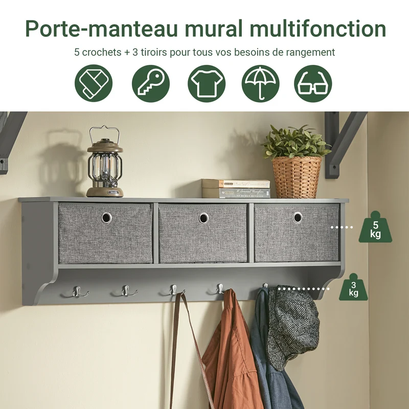 SoBuy FRG282-HG Porte-Manteau Mural avec 5 Crochets et 3 Paniers, pour Entrée et Couloir, Design Fonctionnel, Usage Quotidien – L100×P20×H30 cm, Bois, Gris