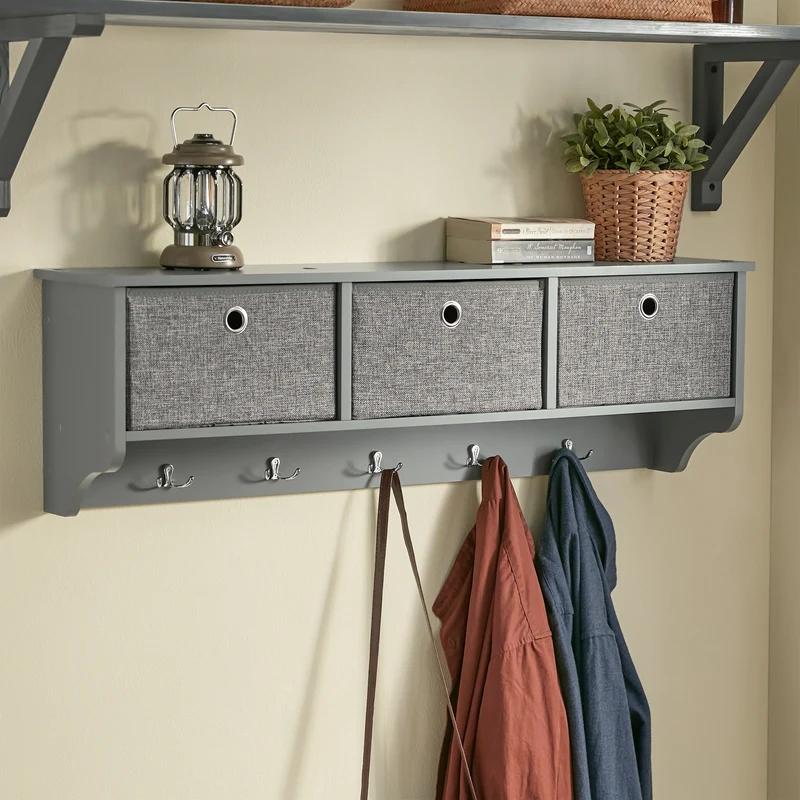 SoBuy FRG282-HG Porte-Manteau Mural avec 5 Crochets et 3 Paniers, pour Entrée et Couloir, Design Fonctionnel, Usage Quotidien – L100×P20×H30 cm, Bois, Gris