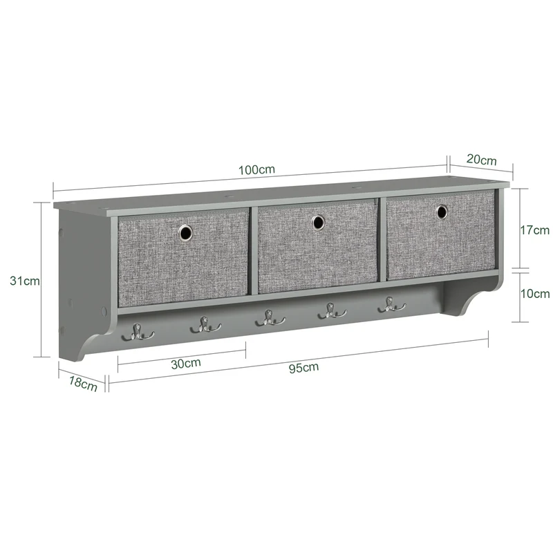 SoBuy FRG282-HG Porte-Manteau Mural avec 5 Crochets et 3 Paniers, pour Entrée et Couloir, Design Fonctionnel, Usage Quotidien – L100×P20×H30 cm, Bois, Gris