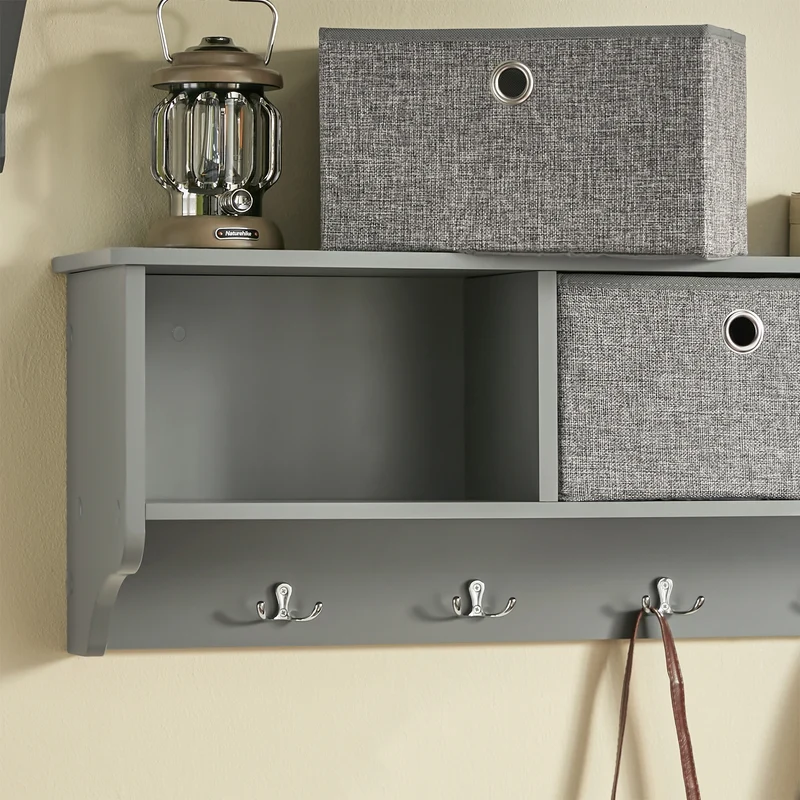 SoBuy FRG282-HG Porte-Manteau Mural avec 5 Crochets et 3 Paniers, pour Entrée et Couloir, Design Fonctionnel, Usage Quotidien – L100×P20×H30 cm, Bois, Gris