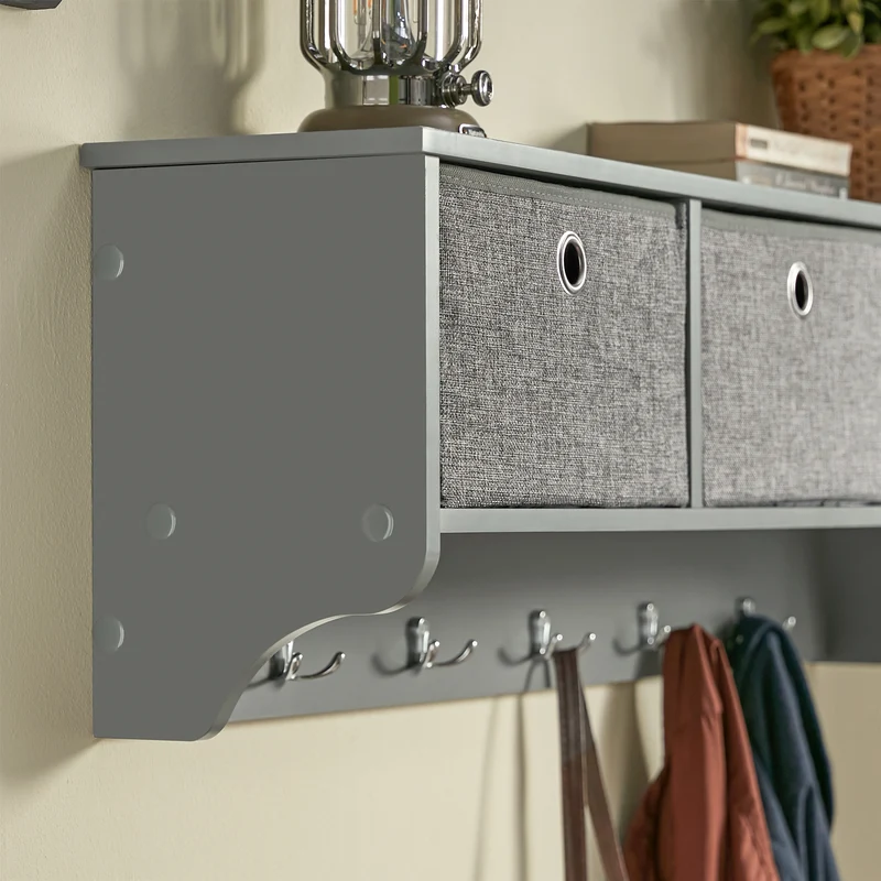 SoBuy FRG282-HG Porte-Manteau Mural avec 5 Crochets et 3 Paniers, pour Entrée et Couloir, Design Fonctionnel, Usage Quotidien – L100×P20×H30 cm, Bois, Gris