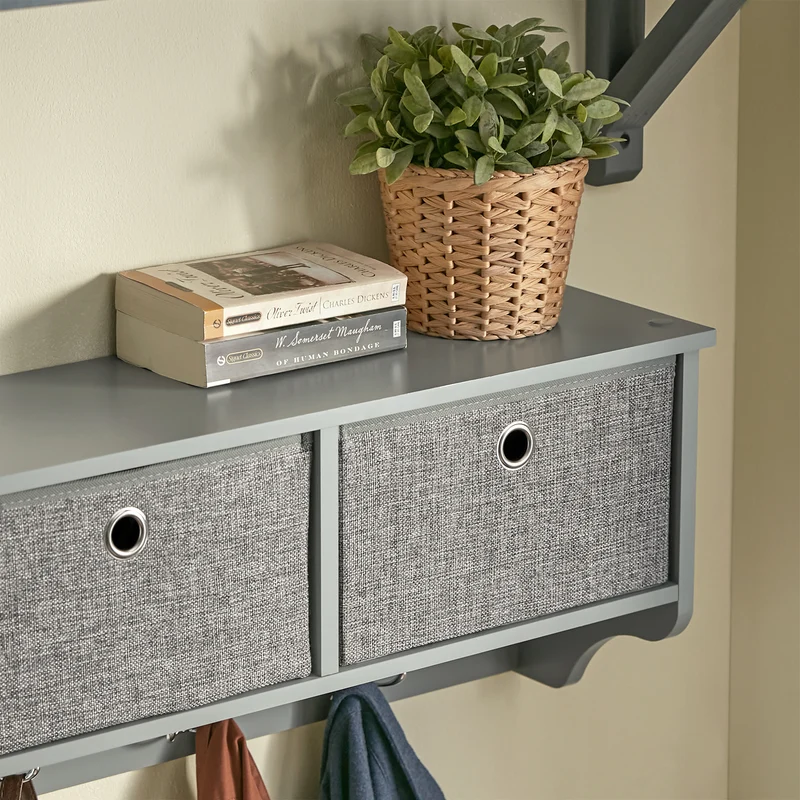 SoBuy FRG282-HG Porte-Manteau Mural avec 5 Crochets et 3 Paniers, pour Entrée et Couloir, Design Fonctionnel, Usage Quotidien – L100×P20×H30 cm, Bois, Gris