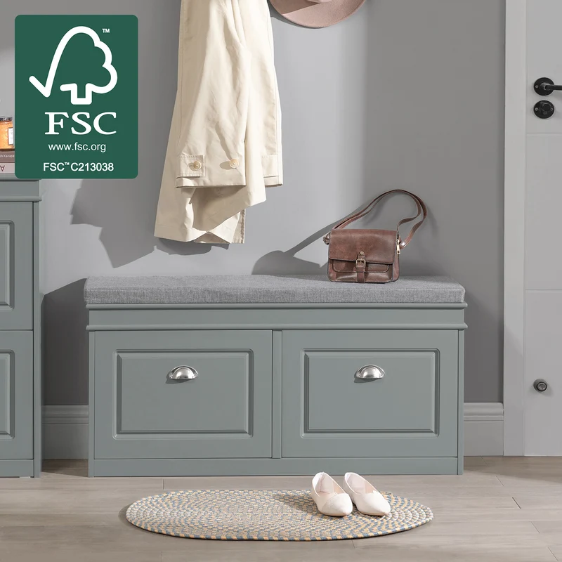 SoBuy FSR64-HG Banc à Chaussures 104 cm avec Coussin Déhoussable et 2 Abattants – Charge 150 kg – Bois FSC – Gris