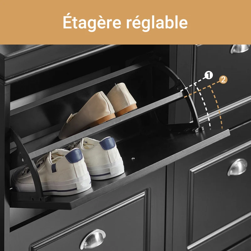 SoBuy FSR79-SCH Armoire à Chaussures 4 Abattants – Séparateurs Réglables, Dos Aéré, Certifiée FSC® – 105×24×83 cm, Noir