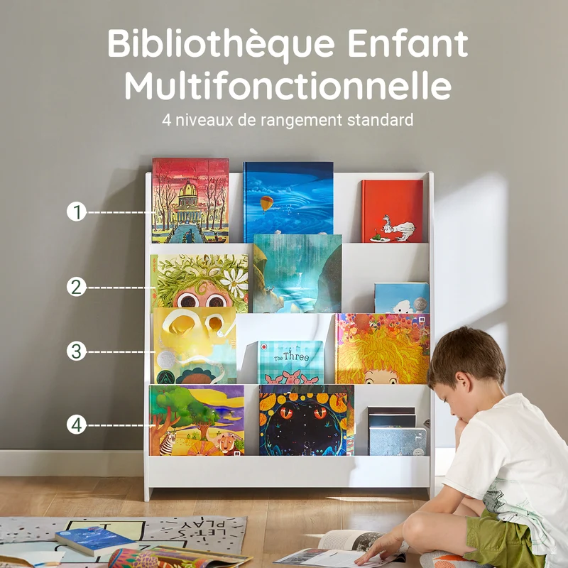 SoBuy KMB32-W Bibliothèque Montessori Enfant – 4 Compartiments pour Livres et Jouets, Blanc