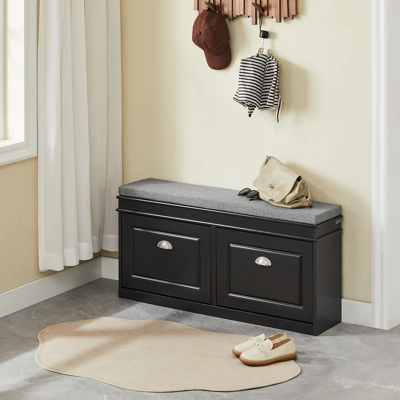 SoBuy FSR64-SCH Banc à Chaussures 2 Abattants avec Coussin Rembourré, Coffre de Rangement pour Entrée – 104x24x51 cm, Noir