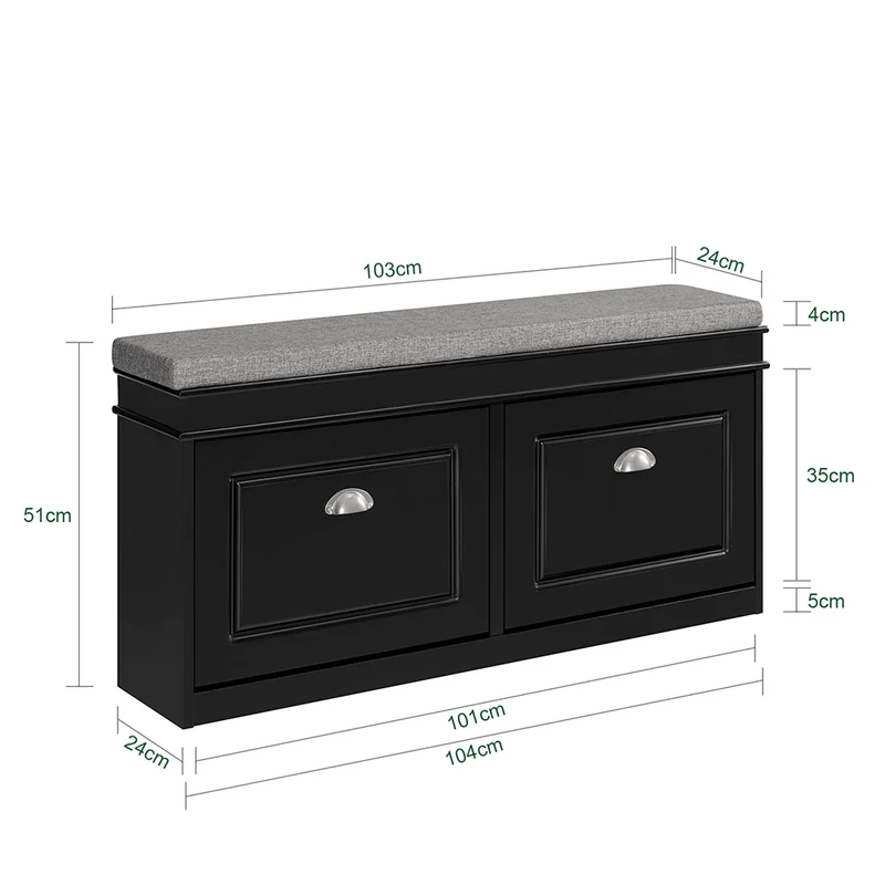 SoBuy FSR64-SCH Banc à Chaussures 2 Abattants avec Coussin Rembourré, Coffre de Rangement pour Entrée – 104x24x51 cm, Noir