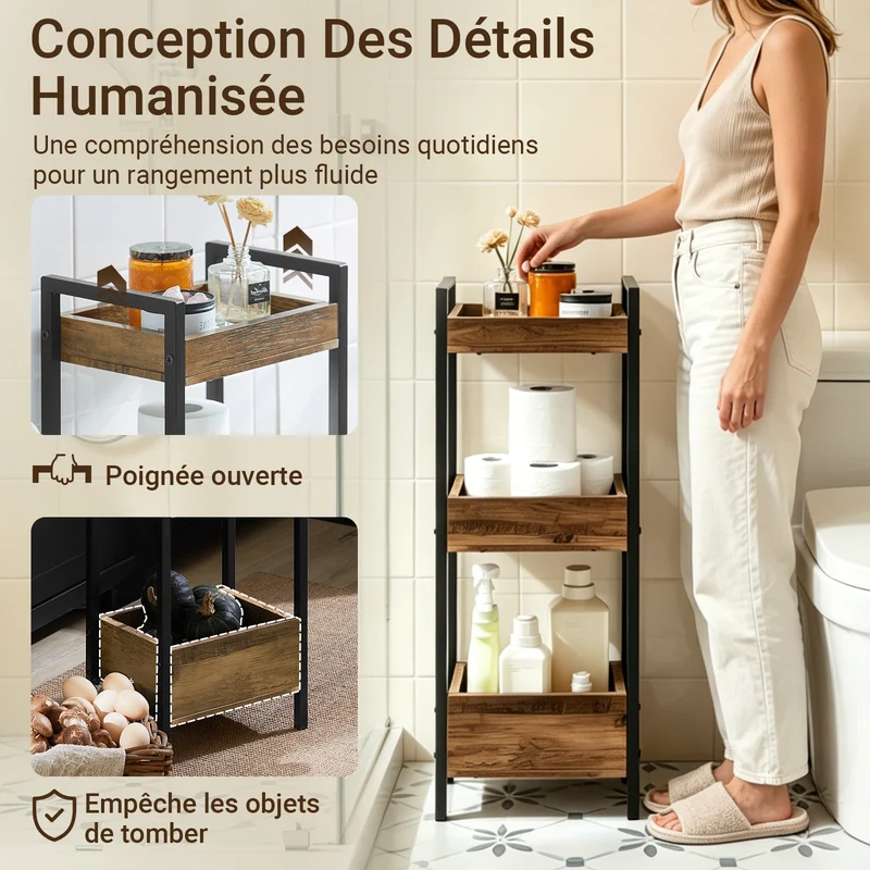 SoBuy FRG226-F Meuble Salle de Bain Rangement avec 3 paniers - Rangement Serviteur de Douche Étagère de Stockage Salle de Bain Petit Meuble WC Rangement 28x20x74 cm