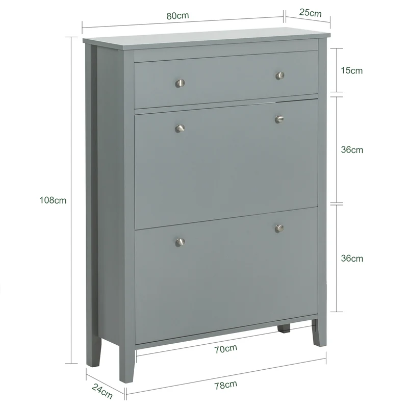 SoBuy FSR89-HG Armoire à Chaussures 2 Abattants avec Tiroir, Slim 25 cm, 12 Paires – 80x25x108 cm, Gris