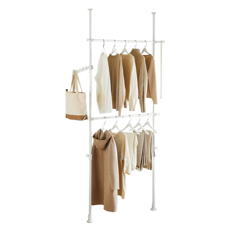 sebuyfr.comG109-II-W Tringle à Vêtements Télescopique, Portant à Vêtements Robuste, Penderie Ouverte Réglable avec Barres de Suspension pour Chambre, Dressing, Blanc