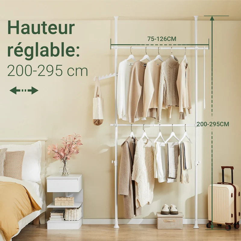 sebuyfr.comG109-II-W Tringle à Vêtements Télescopique, Portant à Vêtements Robuste, Penderie Ouverte Réglable avec Barres de Suspension pour Chambre, Dressing, Blanc