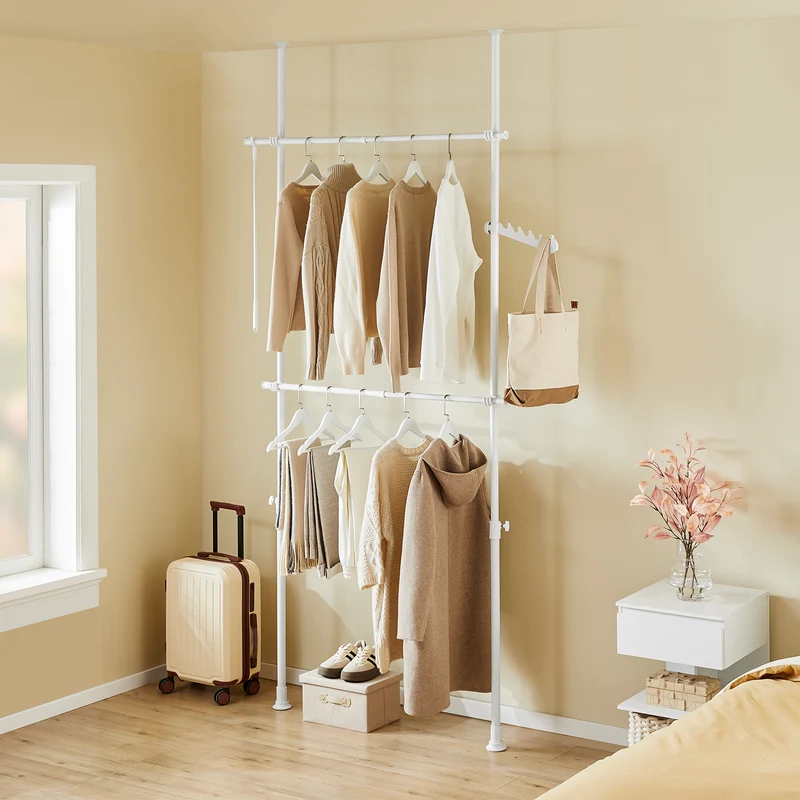 sebuyfr.comG109-II-W Tringle à Vêtements Télescopique, Portant à Vêtements Robuste, Penderie Ouverte Réglable avec Barres de Suspension pour Chambre, Dressing, Blanc