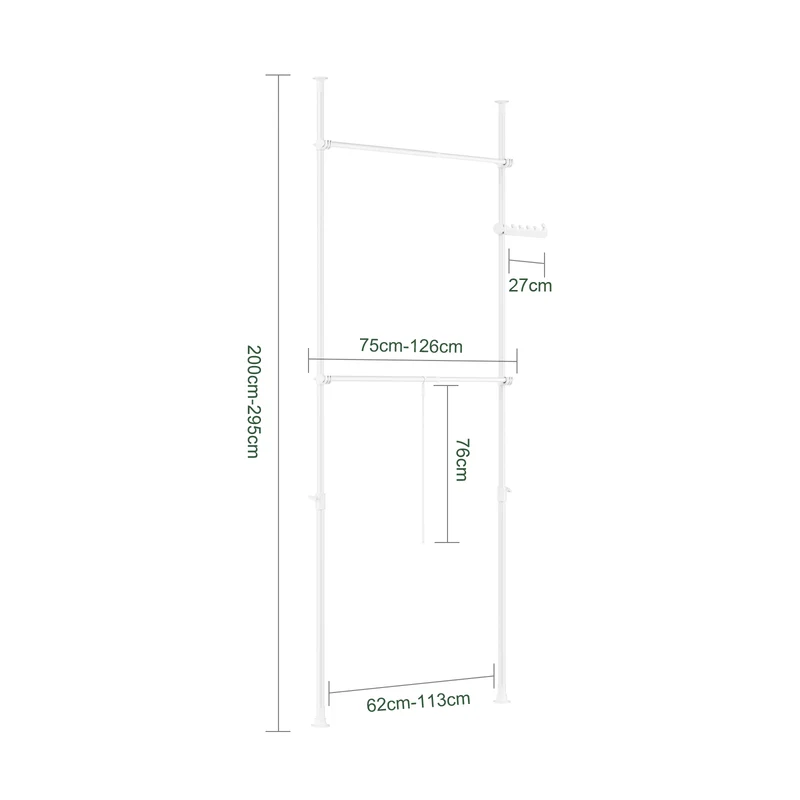 sebuyfr.comG109-II-W Tringle à Vêtements Télescopique, Portant à Vêtements Robuste, Penderie Ouverte Réglable avec Barres de Suspension pour Chambre, Dressing, Blanc