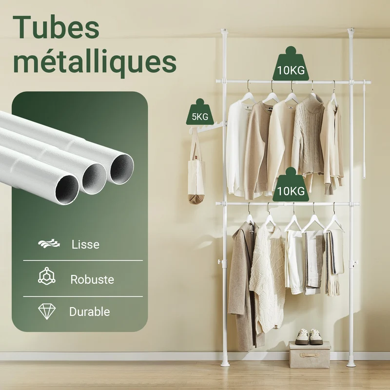 sebuyfr.comG109-II-W Tringle à Vêtements Télescopique, Portant à Vêtements Robuste, Penderie Ouverte Réglable avec Barres de Suspension pour Chambre, Dressing, Blanc