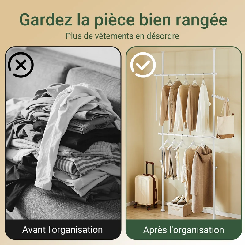sebuyfr.comG109-II-W Tringle à Vêtements Télescopique, Portant à Vêtements Robuste, Penderie Ouverte Réglable avec Barres de Suspension pour Chambre, Dressing, Blanc