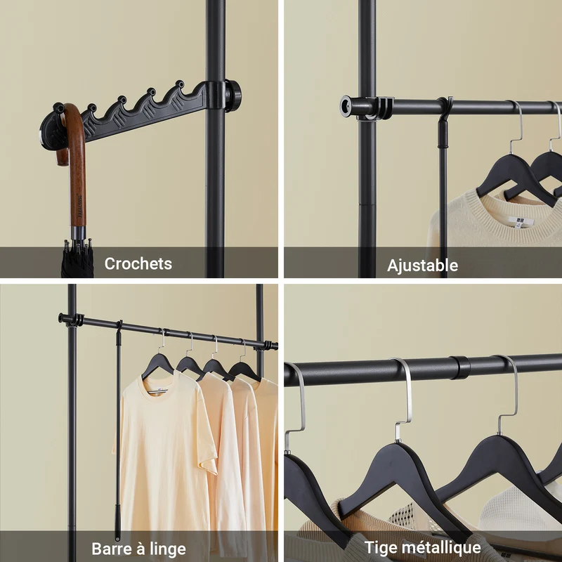SoBuy FRG109-II-SCH Tringle à Vêtements Télescopique, Portant à Vêtements Robuste, Penderie Ouverte Réglable avec Barres de Suspension pour Chambre, Dressing, Noir
