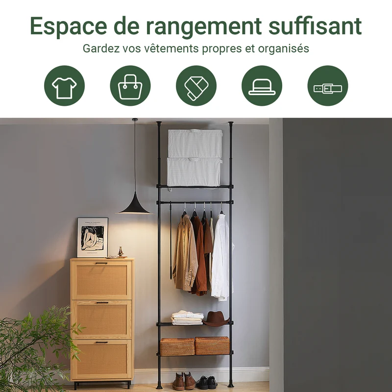 SoBuy KLS07-SCH Portant à vêtements télescopique solide - Penderie ouverte réglable avec tringles et étagères, Porte manteau pour chambre/dressing, Noir
