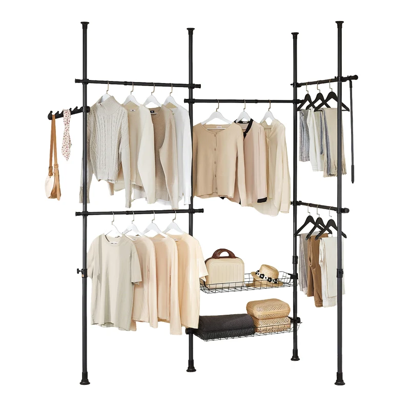 SoBuy KLS04-II-SCH Portant à vêtements télescopique solide - Penderie ouverte réglable avec tringles et étagères, Porte manteau pour chambre/dressing, Noir
