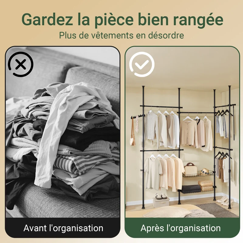 SoBuy KLS04-II-SCH Portant à vêtements télescopique solide - Penderie ouverte réglable avec tringles et étagères, Porte manteau pour chambre/dressing, Noir